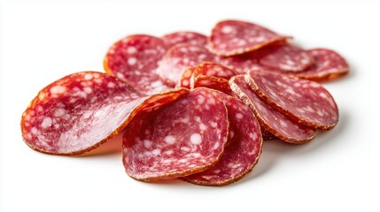 A pile of chopped salami sausage on a white background, isolate