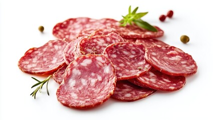 A pile of chopped salami sausage on a white background, isolate