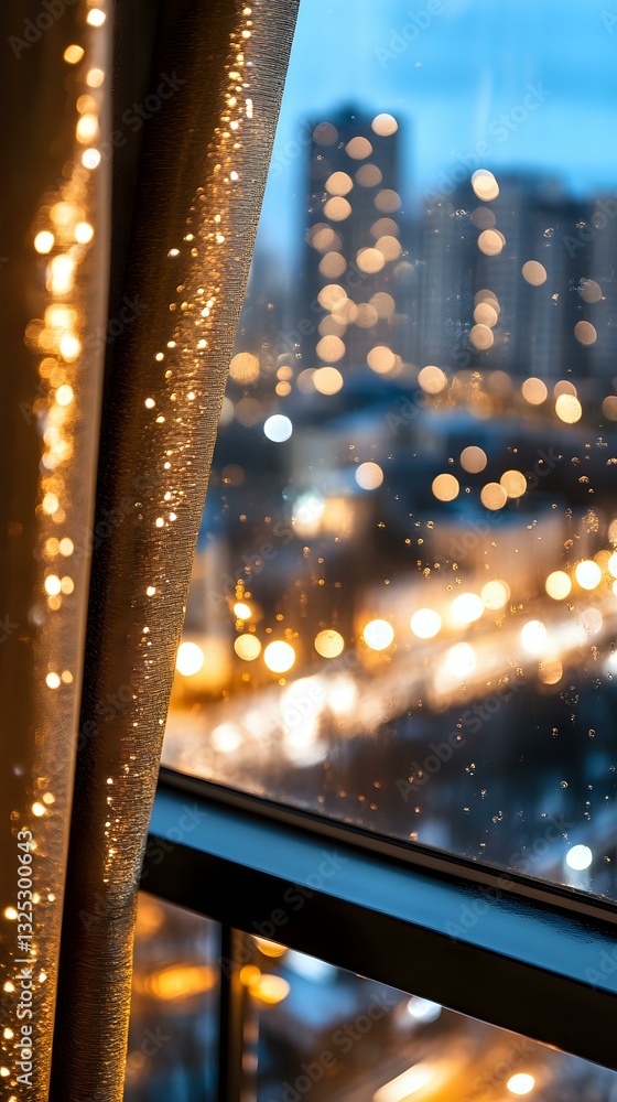 Poster cozy window view with glowing string lights and bokeh effect against blurred city skyline at dusk, c