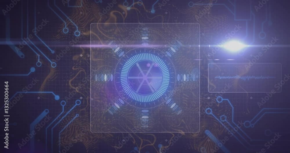 Poster glowing blue circuits and abstract patterns in futuristic digital animation interface
