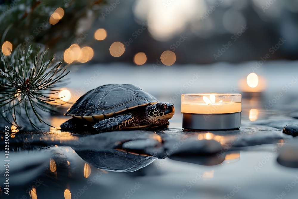 Poster small turtle near glowing candle and pine branch with bokeh lights creating magical atmosphere, refl