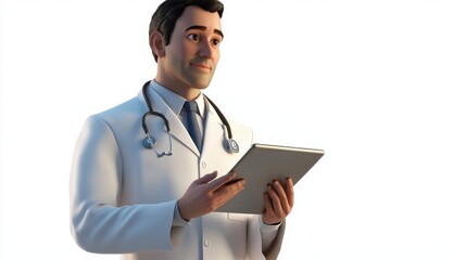 3D male doctor holding a digital tablet,