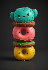 Colorful donuts on black background. Cactus 