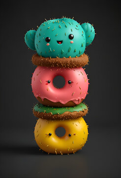 Colorful donuts on black background. Cactus 