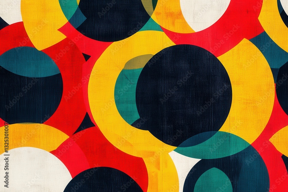 Poster geometric pattern of interlocking circles with bold primary colors creating a modern and vibrant des