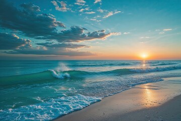 Turquoise Beach Sunset with Sunlight Waves and Dusk Horizon