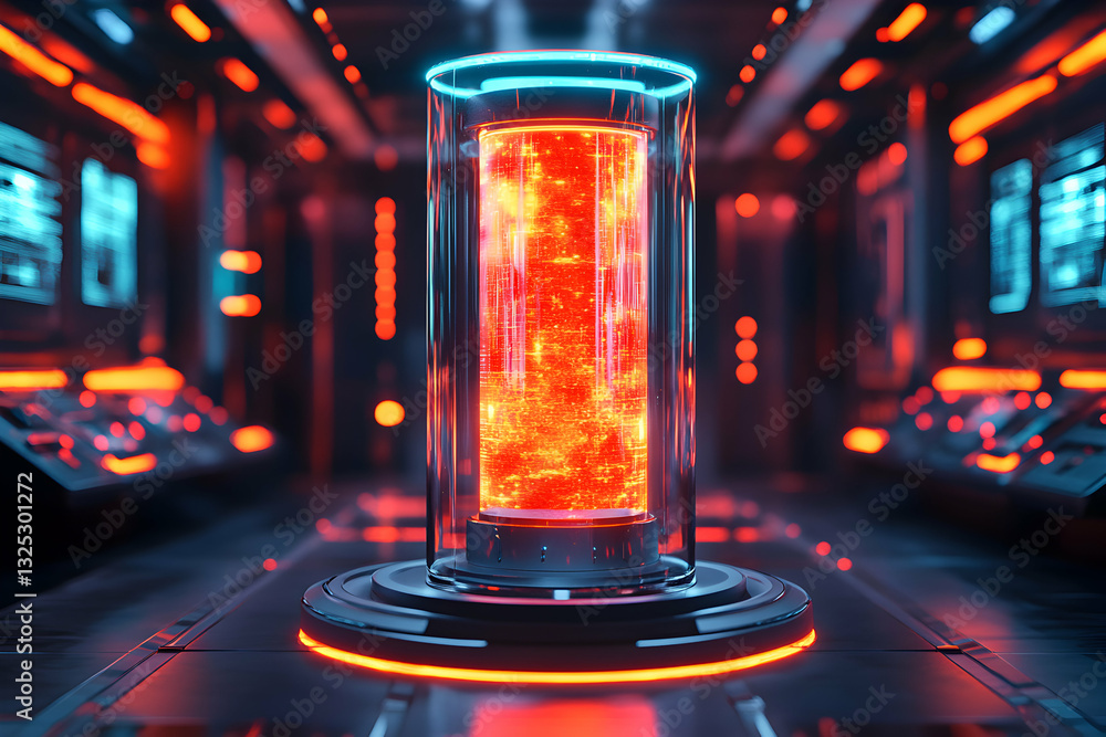 Poster a futuristic energy source encased in glass container with glowing red core
