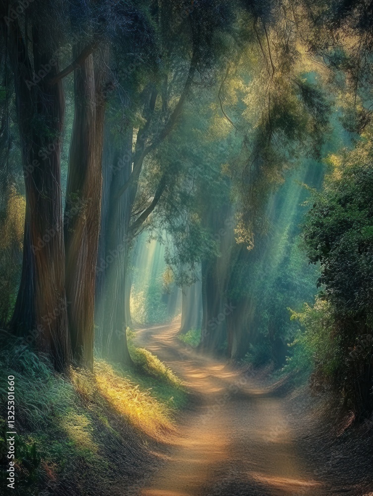 Aufkleber forest path winding into sunlight among tall trees, inviting exploration and solitude in a tranquil 