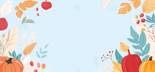 Autumn Harvest: A vibrant illustration of autumn with pumpkins, leaves, and berries against a soft light blue backdrop, evoking feelings of harvest abundance and the change of seasons.