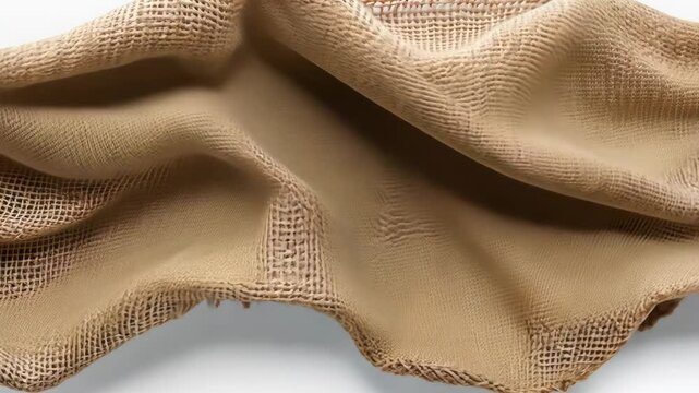 Textured burlap fabric draped artistically on a neutral background showcasing its natural color and weave pattern