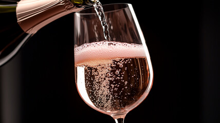 Pouring Sparkling Wine into a Large Glass with Bubbles on a Dark Background
