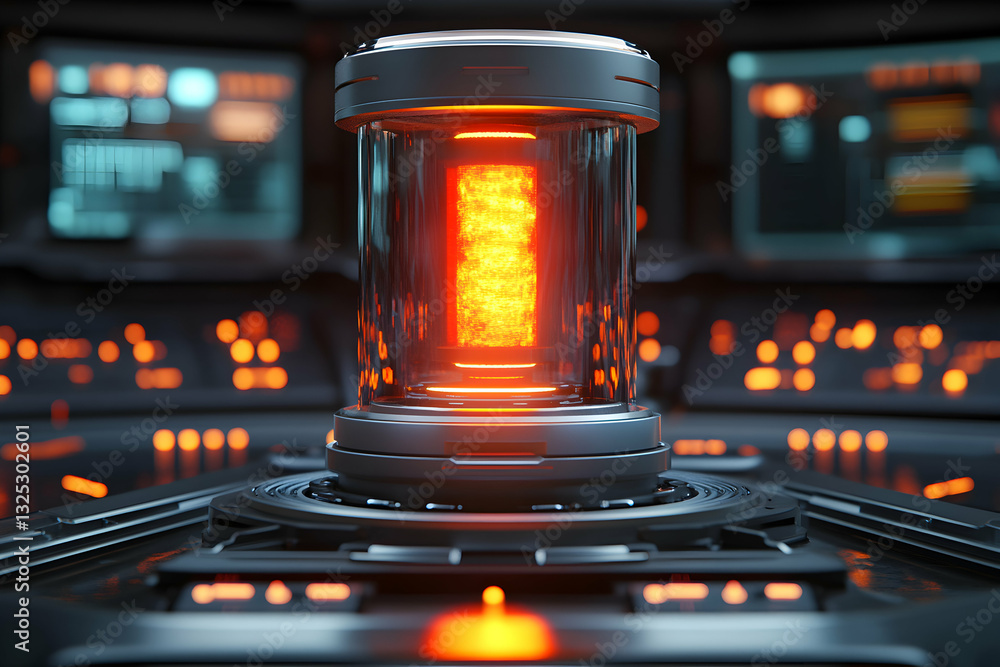 Poster captivating cylindrical glass podium with a mesmerizing glowing red core displaying futuristic techn