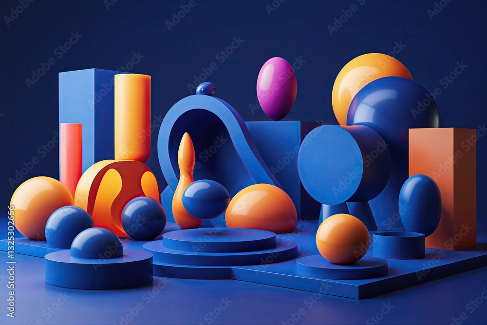 Poster striking 3d abstract shapes and figures on a deep indigo background