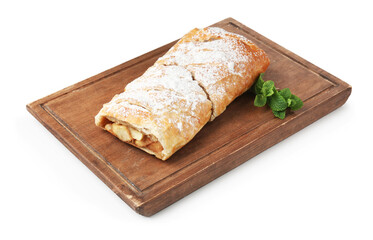 Delicious strudel with apples, powdered sugar and mint isolated on white