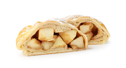 Pieces of tasty apple strudel with powdered sugar isolated on white