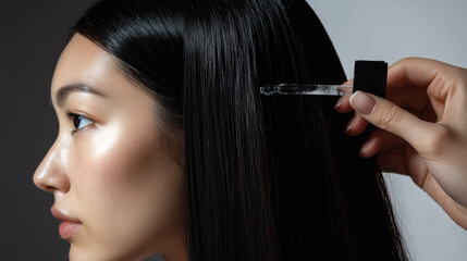 Obraz premium Woman Applying Anti-Dandruff Serum with Dropper to Black Hair