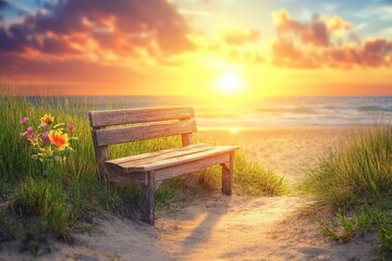 Obraz premium Peaceful sunset beach scene with wooden bench