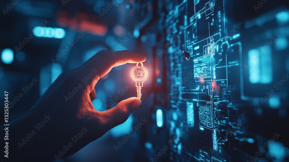 Poster a glowing digital key is held by a hand, with a high-tech background, representing concepts of cyber