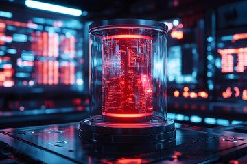Cylindrical Glass Podium with Glowing Red Core - Futuristic Technology Display