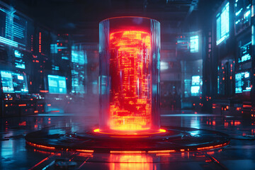 Cylindrical Glass Podium with a Glowing Red Core, A Futuristic Energy Source