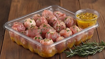 Cubed raw meat in container, sauce, ready to cook