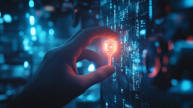 A hand holding a glowing digital key, with a futuristic technology theme in the background. Perfect for concepts of passkeys, authenticators, cybersecurity, and advanced digital security solutions