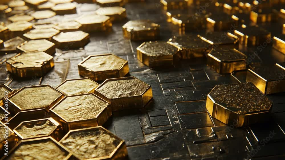 Aufkleber sleek golden hexagonal shapes arranged on a textured black surface creating a striking modern design