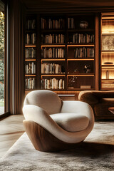 Elegant 3D Rendering of a Modern Office Library with Stylish Armchair