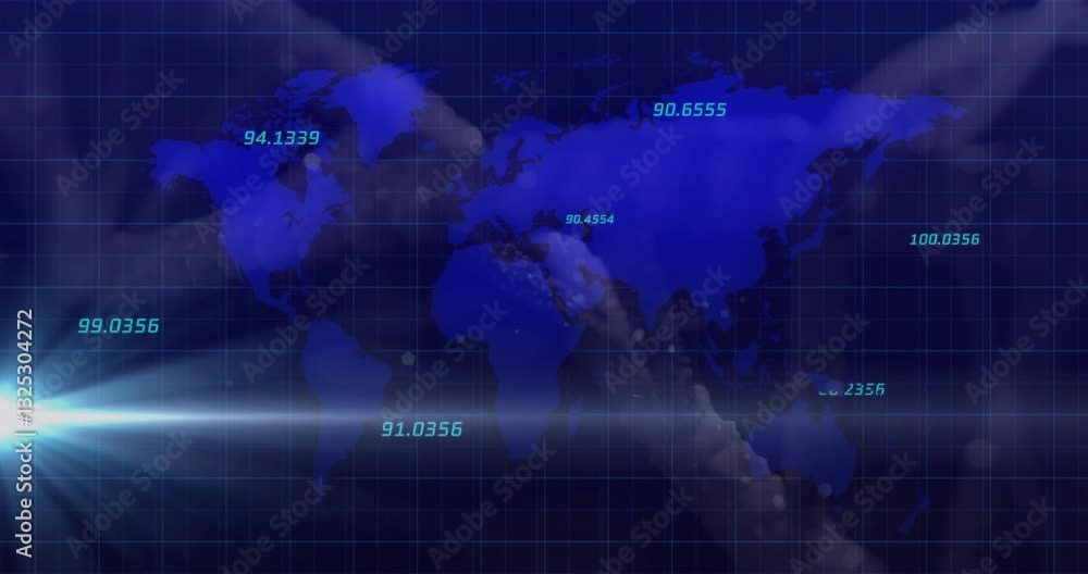 Poster animation of world map with numerical data overlay on blue grid background