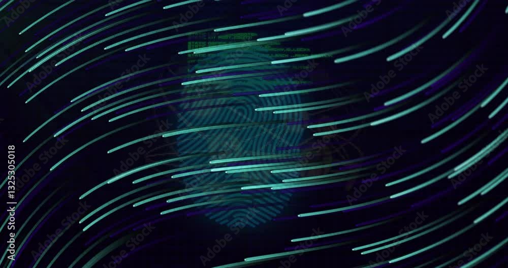 Poster fingerprint and digital data processing animation with dynamic light streaks