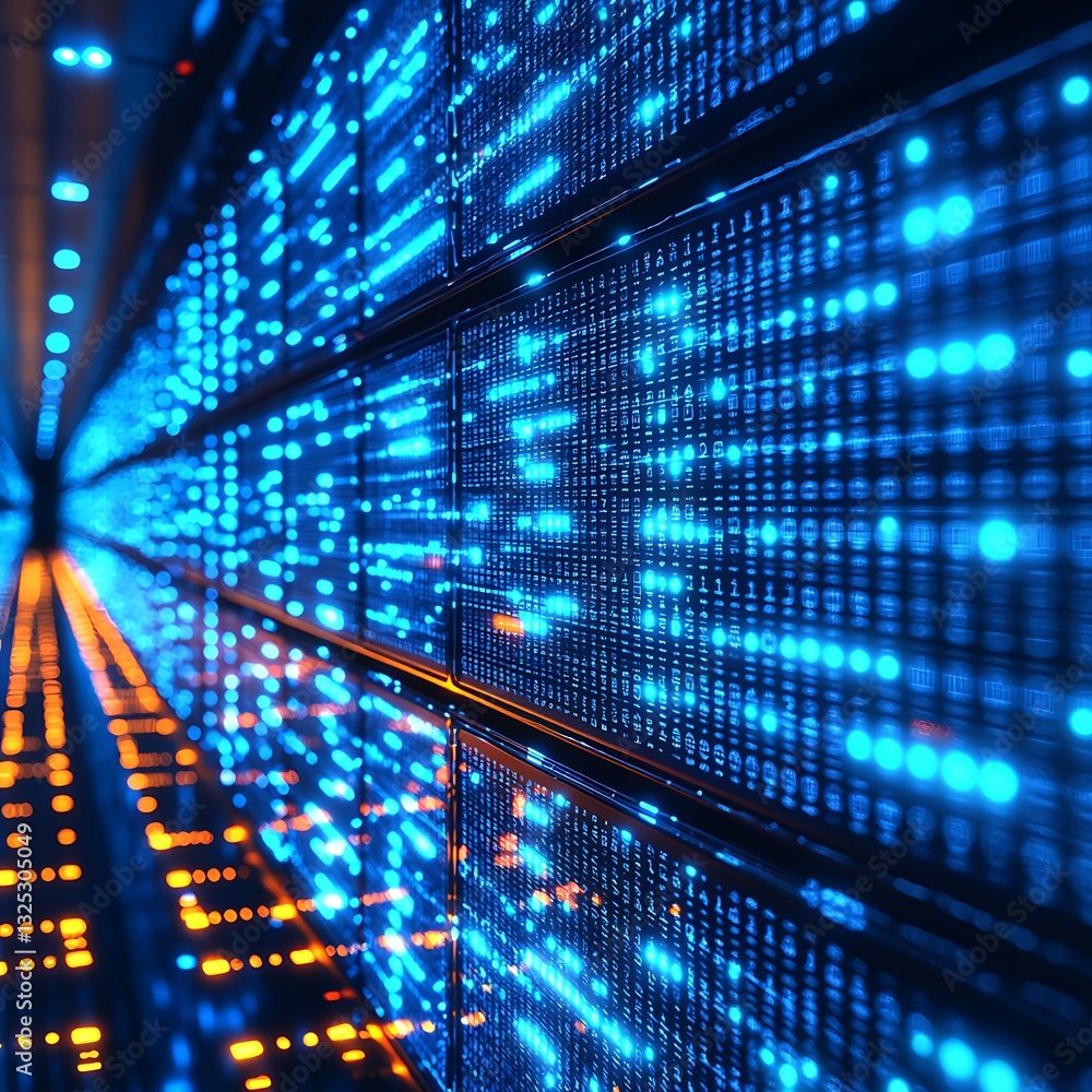 Poster data center with illuminated server racks creating digital representation inside space