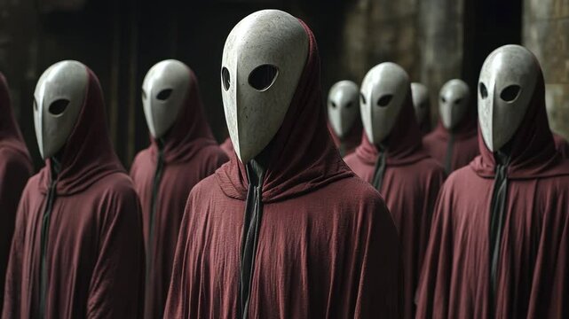 Mysterious figures wear cloaks and masks during a gathering in a dimly lit ancient location
