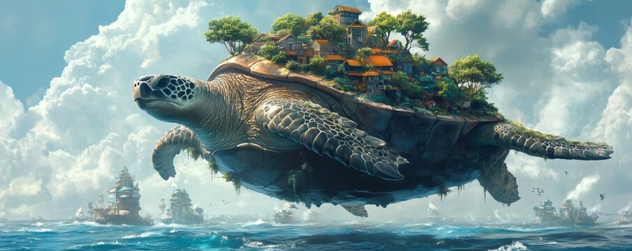 Giant turtle carrying village on its back flying over the ocean with ships sailing below, in a surreal and fantastical scene