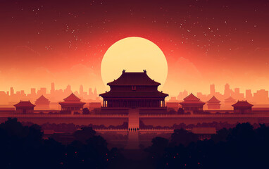 Fototapeta premium Chinese traditional ancient architecture art illustration