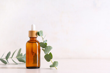 Bottle of eucalyptus essential oil on light background, closeup