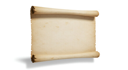 aged, unrolled paper scroll with a textured surface and frayed edges, casting a shadow on a white background.empty, space, copy, nobody, studio, light