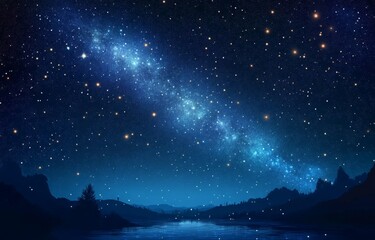 Fototapeta premium Starry Night Sky Over Calm Waters and Mountains in Distance