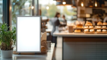 Fototapeta premium Empty ads. frame located at a bakery counter awaiting content for new product promotions, public events, or special offers.