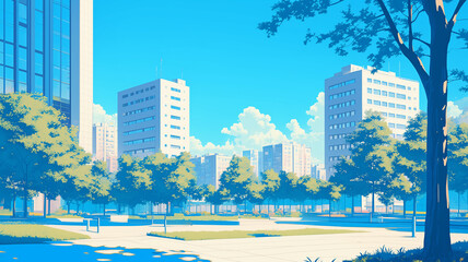 Obraz premium 夏の日差しが降り注ぐ都会の公園｜木漏れ日と高層ビルが織りなす爽やかな都市風景｜近代建築と豊かな緑が融合する憩いの空間
