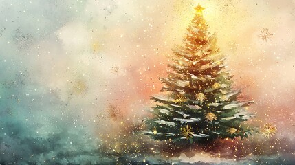 Abstract digital artwork of a Christmas tree incorporating watercolor textures golden sparkles and winter snowflakes for a festive feel