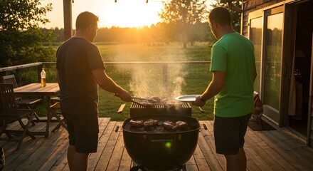 Two men grilling delicious steaks at sunset summer backyard bbq fun food meat warm fire deck party