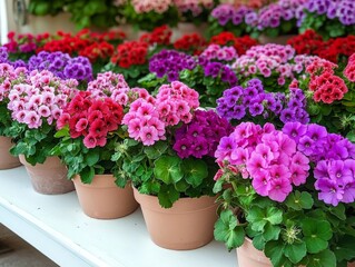 Vibrant Display of Colorful Geranium Flowers in Decorative Pots at a Garden Center Showcasing Diverse Hues and Lush Green Foliage for Home Decoration