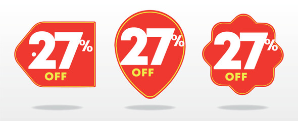 27% off. Price tag, value, offer, special. Sale, advertising, discount, marketing. Promo, shop, buy. Illustration, set, sticker, icon, vector, commerce