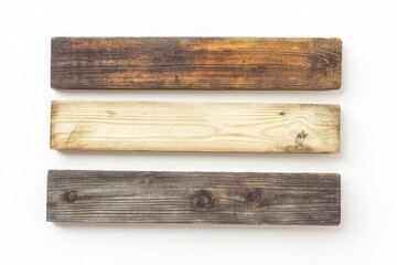 Obraz premium Comparison of Different Wood Finishes on Three Wooden Planks Set Against a White Background for Interior Design and Craft Projects