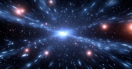 Fototapeta premium Stunning Cosmic Journey Through the Depths of Space with Bright Stars and Energy Streams Radiating from a Central Galaxy in an Expansive Universe