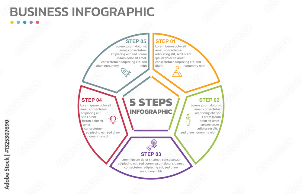 Aufkleber Visual data presentation. Cycle diagram with 5 options. Pie Chart Circle thin line infographic template with 5 steps, options, parts, segments. Business concept. Marketing infographic outline style.