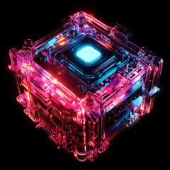 Translucent glowing cube with pink and blue lights showcasing intricate internal structure