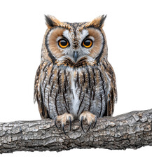 Naklejka premium Majestic Great Horned Owl Perched on Tree Branch with Piercing Yellow Eyes and Detailed Feather Pattern, Night Bird Portrait, Isolated on Transparent and White Background