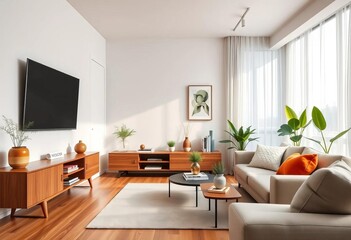 Cozy midcentury modern flat living room with TV console, plants, books, and vases,  potted plants, stylish