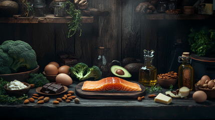 Nutrition Spectrum: A still life of fresh ingredients presents a balanced and health-conscious diet. Featuring Salmon, vegetables, oil, nuts, eggs and dairy products.